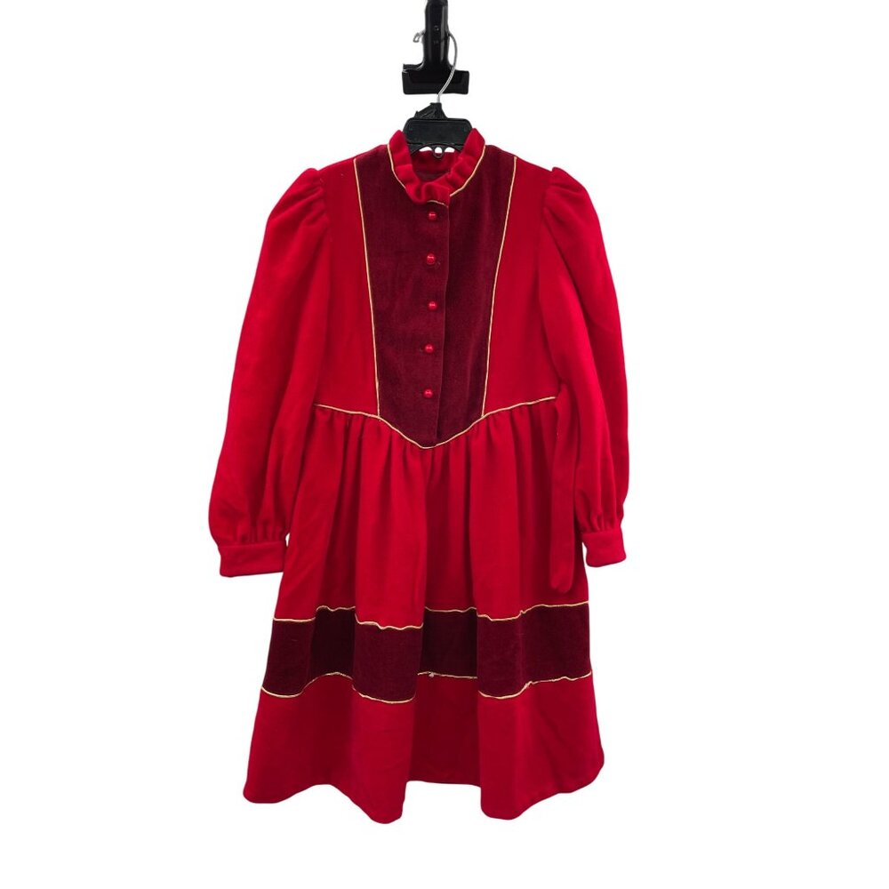 Vintage Handmade Dress Girls 6? used Red Burgundy with Gold Piping